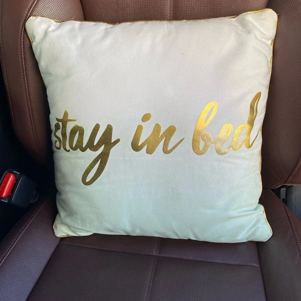 Stay in Bed ombré fade‎ white to sea green square accent pillow with gold trim